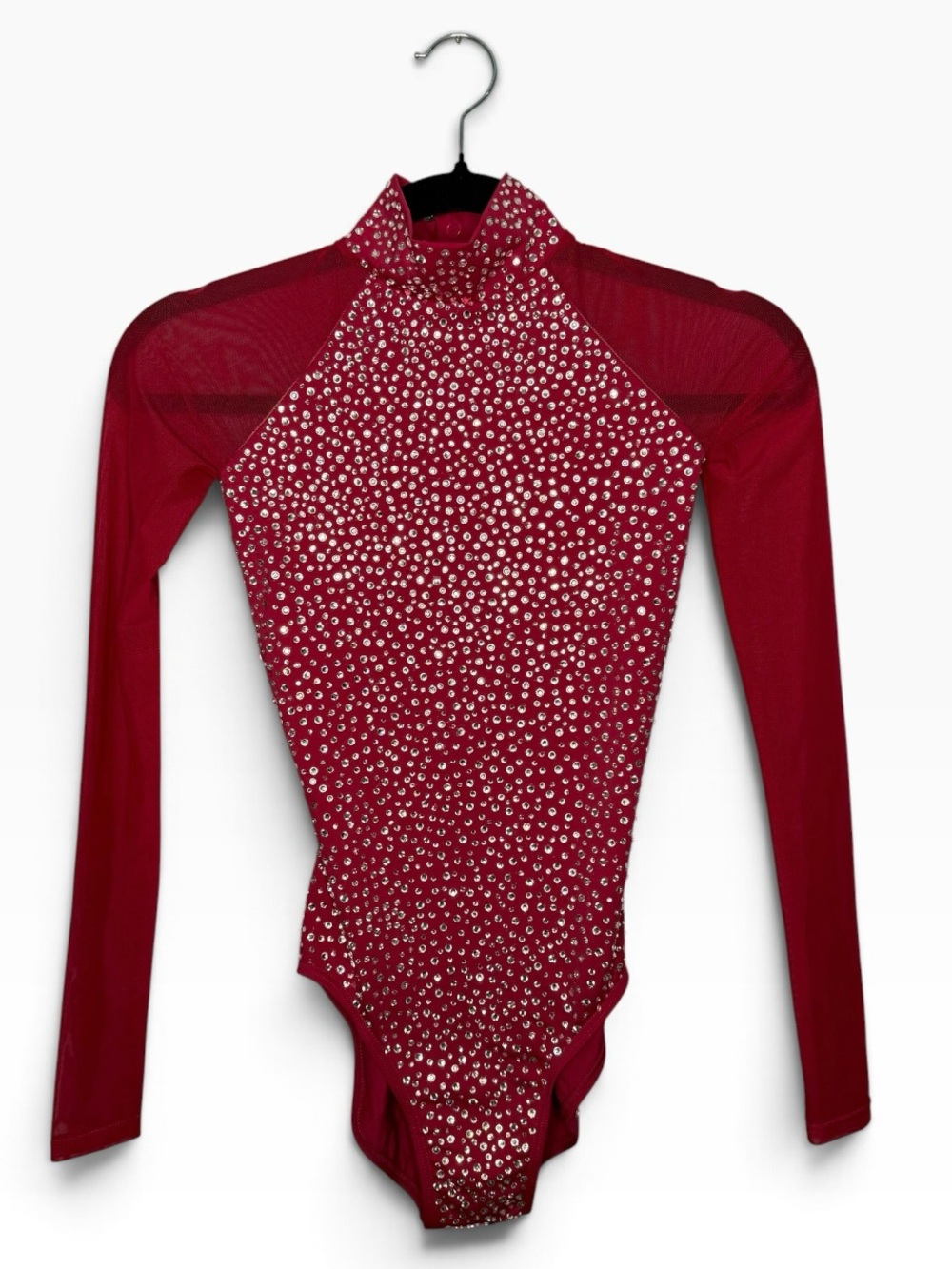 Custom Rhinestone Mesh Long Sleeve Balera Solo Leotard Costume in Red AXS XS XSA